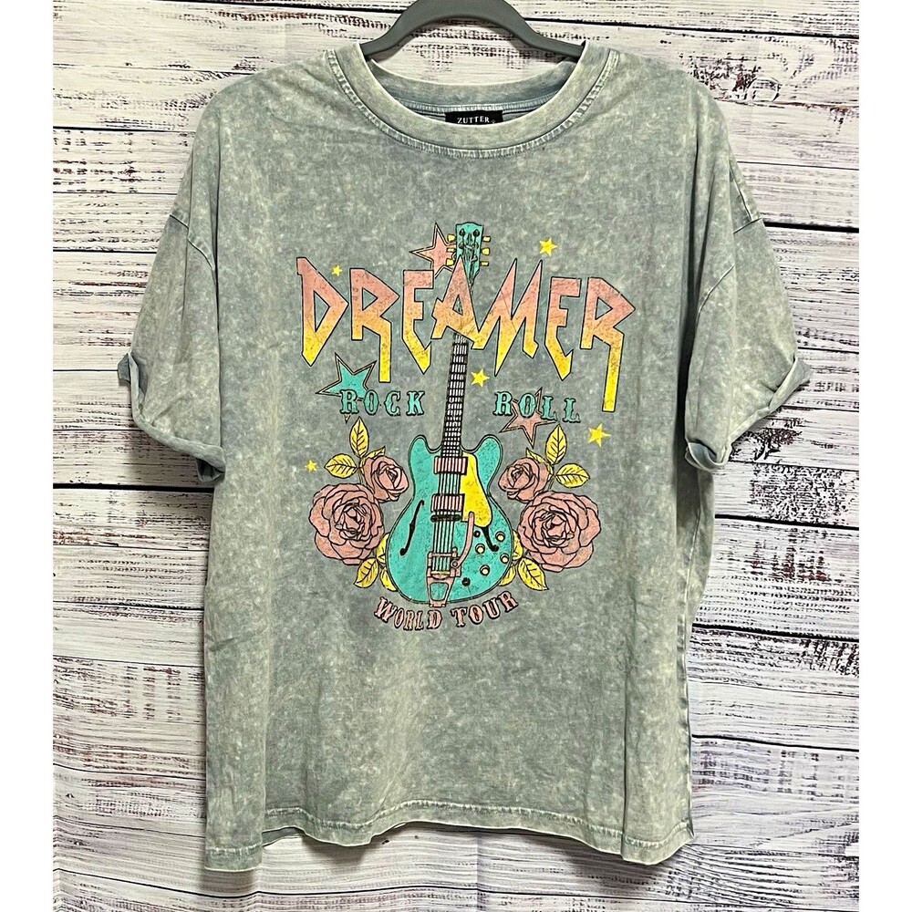 NWOT Zutter Dreamer Rock & Roll Graphic Tee M Sage Mineral Wash Guitar Western